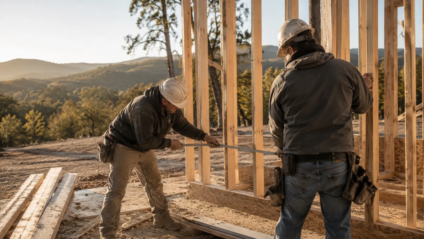 Two CCI Builders contractors framing a wall on a foothill job site