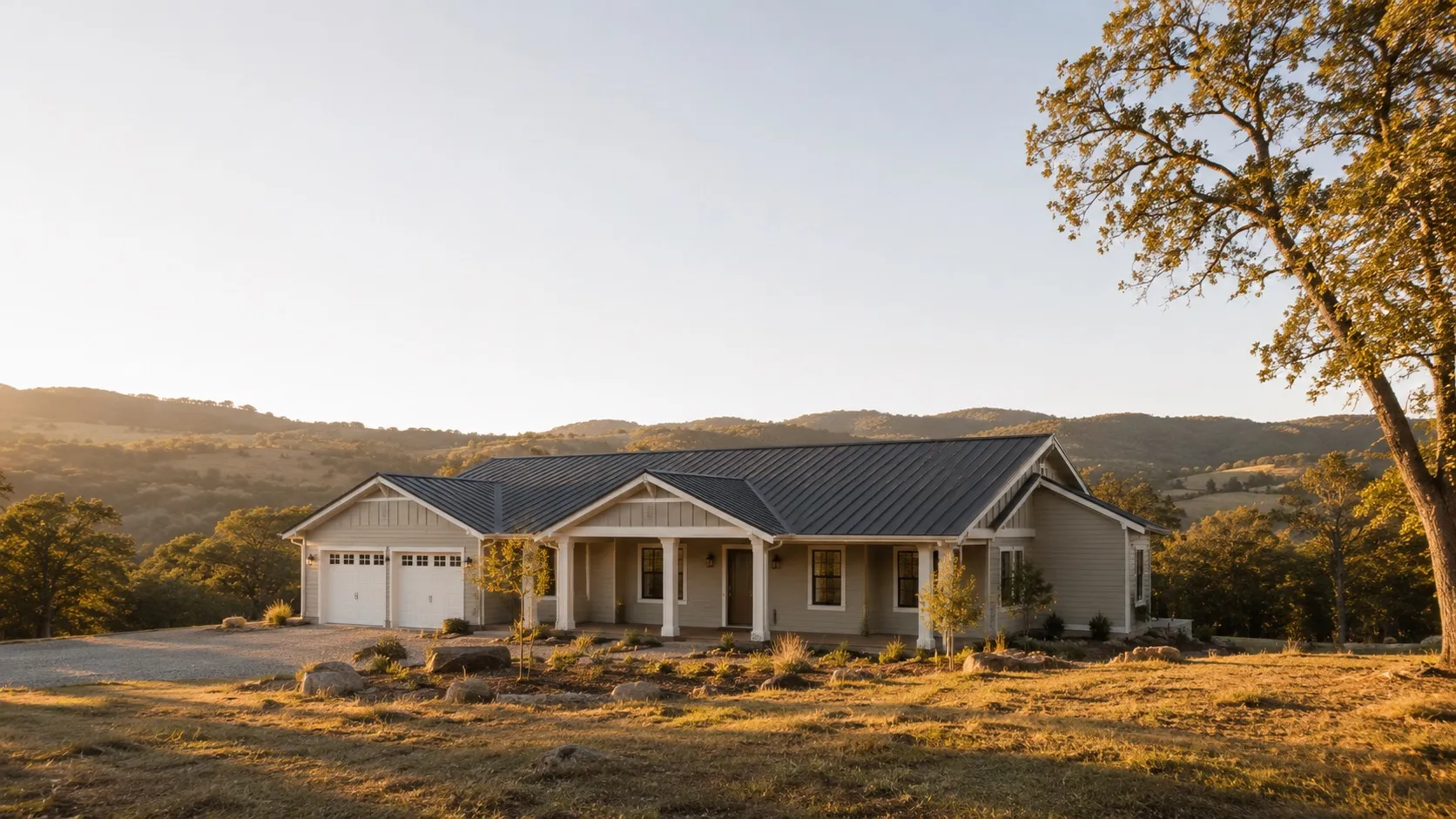 A completed foothill home in El Dorado County at golden hour
